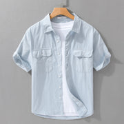 Buddha Stones Daily Casual Pure Color Lapel Men's Short Sleeve Cotton Linen Shirt With Pockets