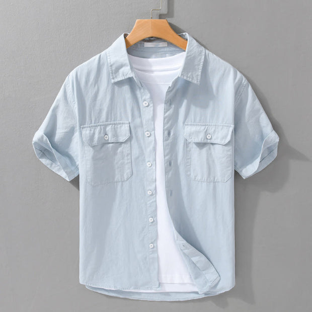 Buddha Stones Daily Casual Pure Color Lapel Men's Short Sleeve Cotton Linen Shirt With Pockets