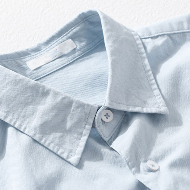 Buddha Stones Daily Casual Pure Color Lapel Men's Short Sleeve Cotton Linen Shirt With Pockets