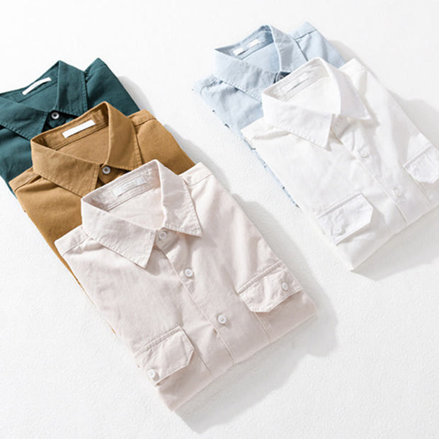 Buddha Stones Daily Casual Pure Color Lapel Men's Short Sleeve Cotton Linen Shirt With Pockets