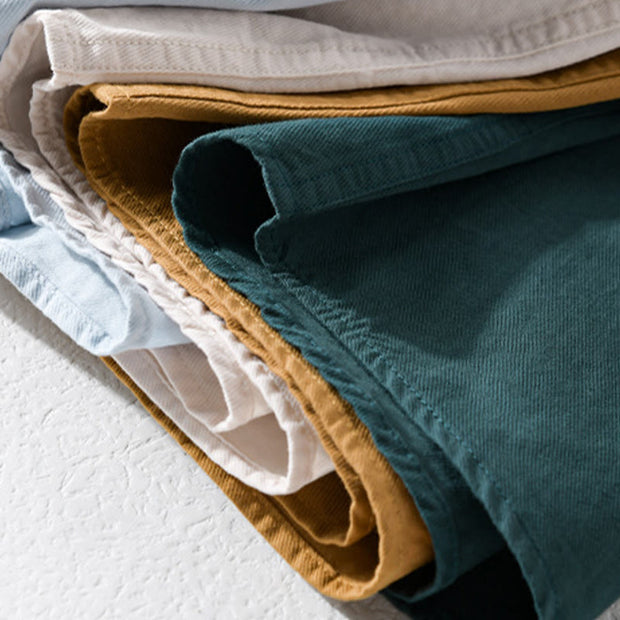 Buddha Stones Daily Casual Pure Color Lapel Men's Short Sleeve Cotton Linen Shirt With Pockets