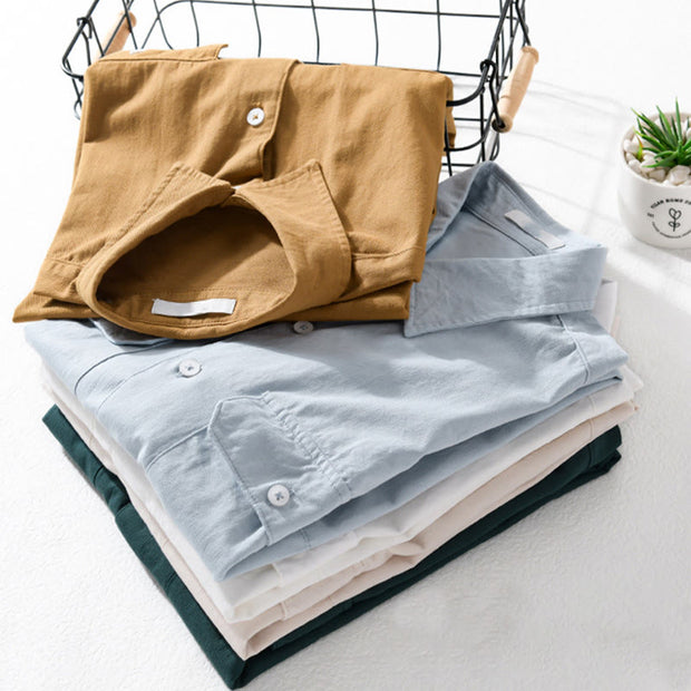 Buddha Stones Daily Casual Pure Color Lapel Men's Short Sleeve Cotton Linen Shirt With Pockets