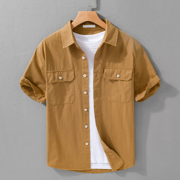 Buddha Stones Daily Casual Pure Color Lapel Men's Short Sleeve Cotton Linen Shirt With Pockets