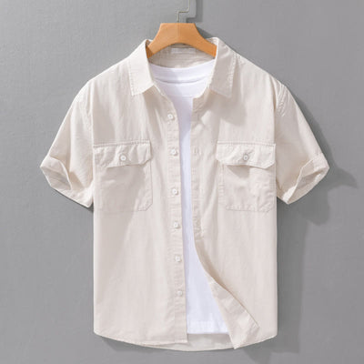 Buddha Stones Daily Casual Pure Color Lapel Men's Short Sleeve Cotton Linen Shirt With Pockets