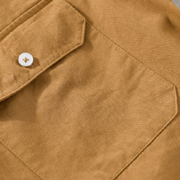 Buddha Stones Daily Casual Pure Color Lapel Men's Short Sleeve Cotton Linen Shirt With Pockets
