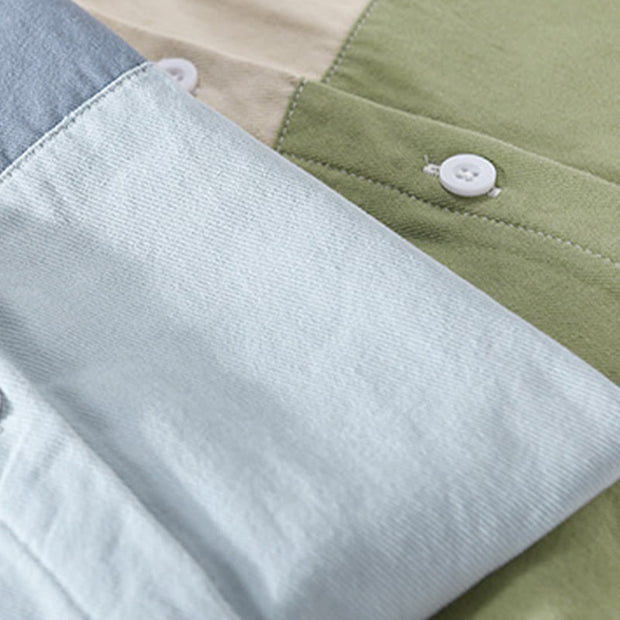 Buddha Stones Spring Stitching Contrast Color Lapel Long Sleeve Button Design Men's Cotton Linen Shirt With Pockets