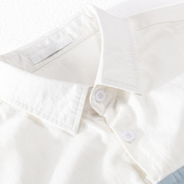 Buddha Stones Spring Stitching Contrast Color Lapel Long Sleeve Button Design Men's Cotton Linen Shirt With Pockets