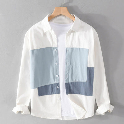 Buddha Stones Spring Stitching Contrast Color Lapel Long Sleeve Button Design Men's Cotton Linen Shirt With Pockets