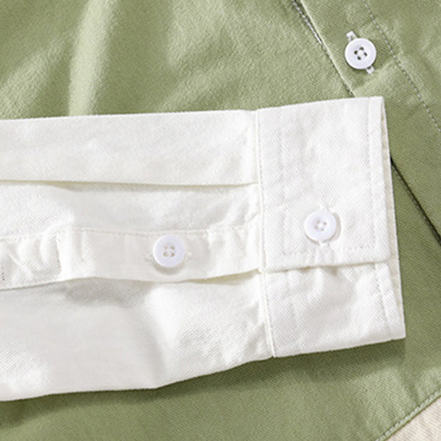 Buddha Stones Spring Stitching Contrast Color Lapel Long Sleeve Button Design Men's Cotton Linen Shirt With Pockets