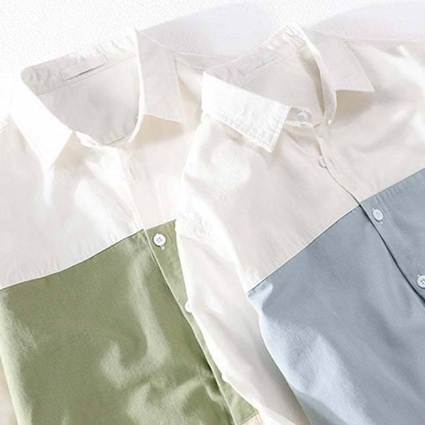 Buddha Stones Spring Stitching Contrast Color Lapel Long Sleeve Button Design Men's Cotton Linen Shirt With Pockets