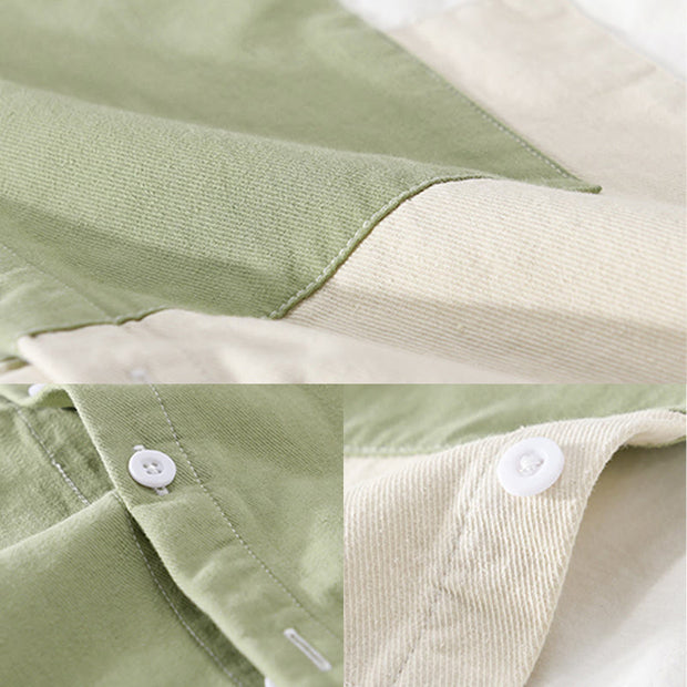 Buddha Stones Spring Stitching Contrast Color Lapel Long Sleeve Button Design Men's Cotton Linen Shirt With Pockets