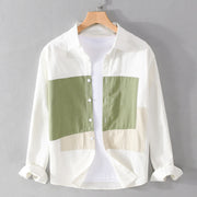 Buddha Stones Spring Stitching Contrast Color Lapel Long Sleeve Button Design Men's Cotton Linen Shirt With Pockets