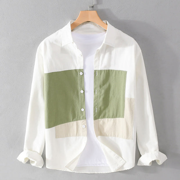 Buddha Stones Spring Stitching Contrast Color Lapel Long Sleeve Button Design Men's Cotton Linen Shirt With Pockets