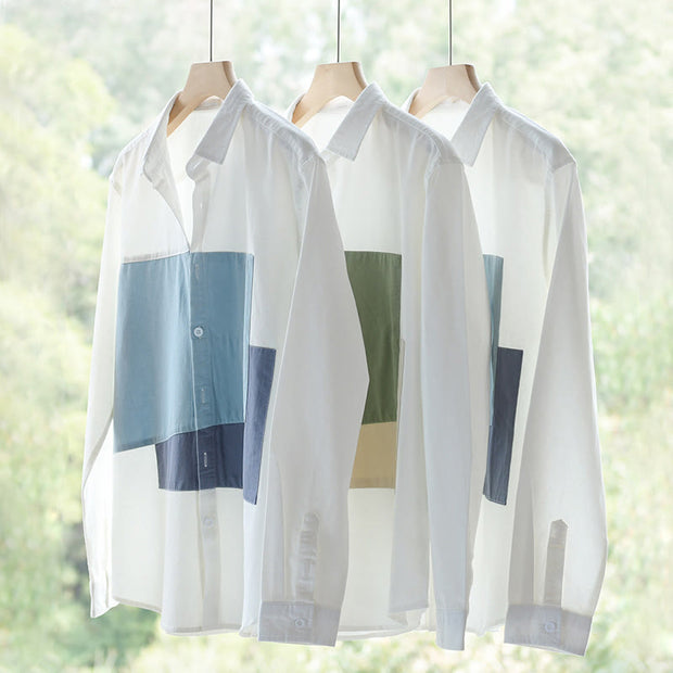 Buddha Stones Spring Stitching Contrast Color Lapel Long Sleeve Button Design Men's Cotton Linen Shirt With Pockets