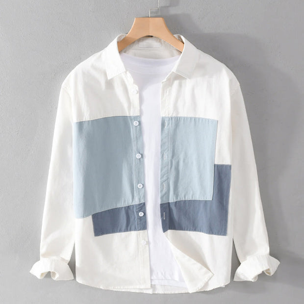 Buddha Stones Spring Stitching Contrast Color Lapel Long Sleeve Button Design Men's Cotton Linen Shirt With Pockets
