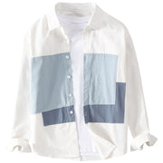 Buddha Stones Spring Stitching Contrast Color Lapel Long Sleeve Button Design Men's Cotton Linen Shirt With Pockets
