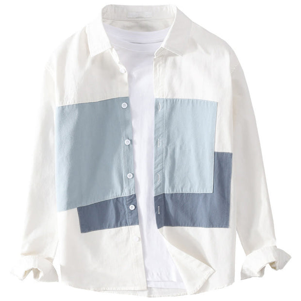 Buddha Stones Spring Stitching Contrast Color Lapel Long Sleeve Button Design Men's Cotton Linen Shirt With Pockets