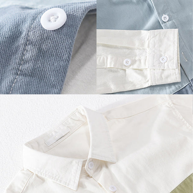Buddha Stones Spring Stitching Contrast Color Lapel Long Sleeve Button Design Men's Cotton Linen Shirt With Pockets