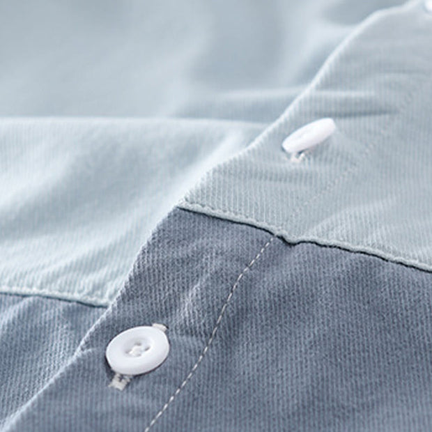 Buddha Stones Spring Stitching Contrast Color Lapel Long Sleeve Button Design Men's Cotton Linen Shirt With Pockets