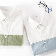 Buddha Stones Spring Stitching Contrast Color Lapel Long Sleeve Button Design Men's Cotton Linen Shirt With Pockets
