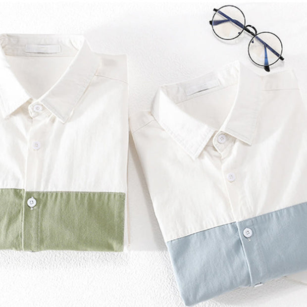 Buddha Stones Spring Stitching Contrast Color Lapel Long Sleeve Button Design Men's Cotton Linen Shirt With Pockets