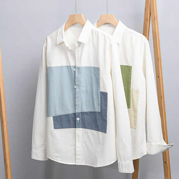 Buddha Stones Spring Stitching Contrast Color Lapel Long Sleeve Button Design Men's Cotton Linen Shirt With Pockets