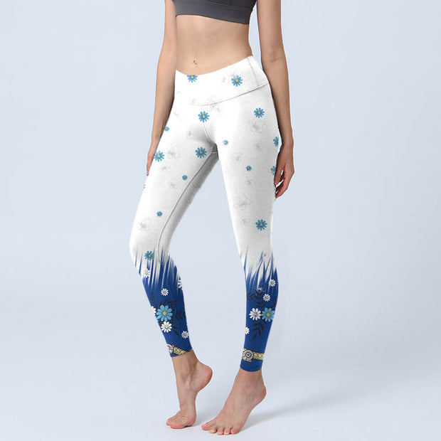 Buddha Stones White Flowers Grass Leaves Pattern Print Gym Leggings Women's Yoga Pants