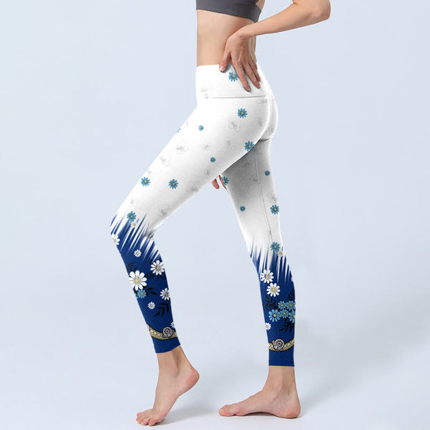 Buddha Stones White Flowers Grass Leaves Pattern Print Gym Leggings Women's Yoga Pants