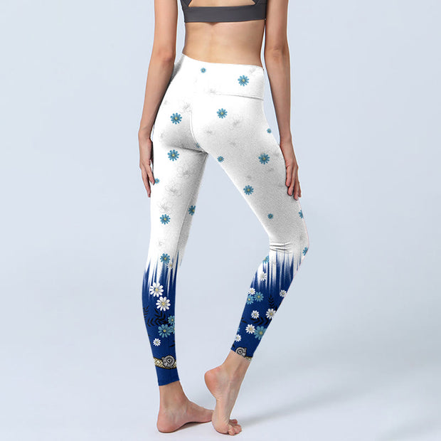 Buddha Stones White Flowers Grass Leaves Pattern Print Gym Leggings Women's Yoga Pants