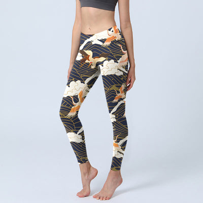 Buddha Stones Red-crowned Cranes Cloud Sea Wave Pattern Print Gym Leggings Women's Yoga Pants