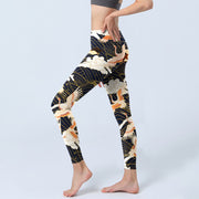 Buddha Stones Red-crowned Cranes Cloud Sea Wave Pattern Print Gym Leggings Women's Yoga Pants