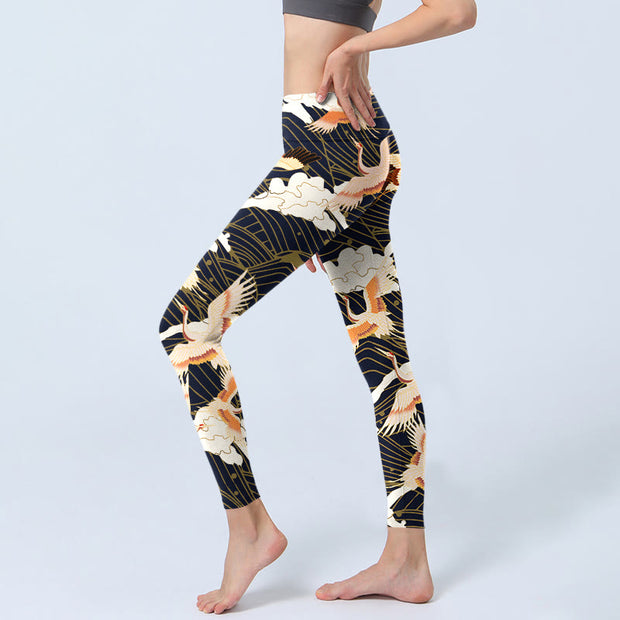 Buddha Stones Red-crowned Cranes Cloud Sea Wave Pattern Print Gym Leggings Women's Yoga Pants