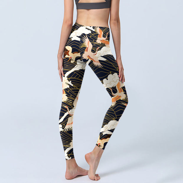 Buddha Stones Red-crowned Cranes Cloud Sea Wave Pattern Print Gym Leggings Women's Yoga Pants
