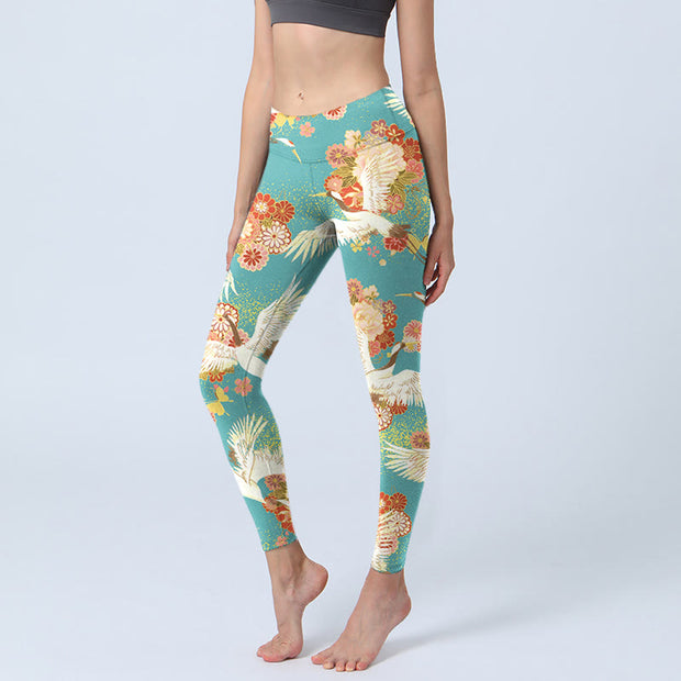 Buddha Stones Red-crowned Cranes Peony Flowers Butterfly Pattern Print Gym Leggings Women's Yoga Pants