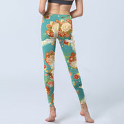 Buddha Stones Red-crowned Cranes Peony Flowers Butterfly Pattern Print Gym Leggings Women's Yoga Pants