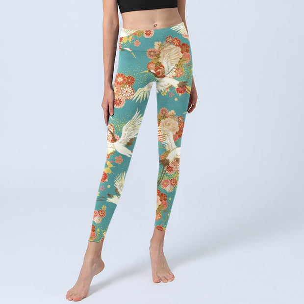 Buddha Stones Red-crowned Cranes Peony Flowers Butterfly Pattern Print Gym Leggings Women's Yoga Pants