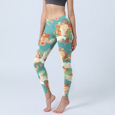 Buddha Stones Red-crowned Cranes Peony Flowers Butterfly Pattern Print Gym Leggings Women's Yoga Pants - MediumTurquoise - US18，UK/AU22，EU50 (4XL) - image 1