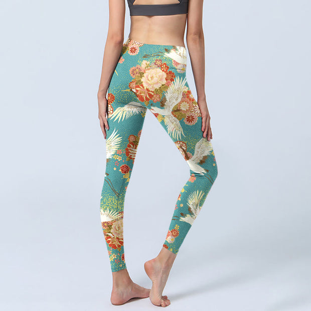 Buddha Stones Red-crowned Cranes Peony Flowers Butterfly Pattern Print Gym Leggings Women's Yoga Pants