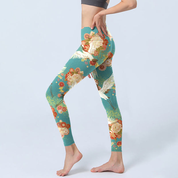 Buddha Stones Red-crowned Cranes Peony Flowers Butterfly Pattern Print Gym Leggings Women's Yoga Pants
