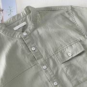 Buddha Stones Summer Daily Solid Color Stand Collar Short Sleeve Button Design Men's Cotton Linen Shirt With Pocket