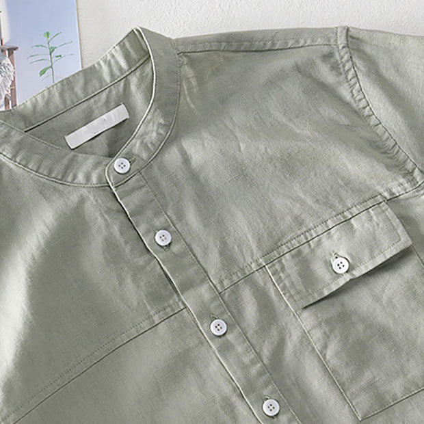 Buddha Stones Summer Daily Solid Color Stand Collar Short Sleeve Button Design Men's Cotton Linen Shirt With Pocket