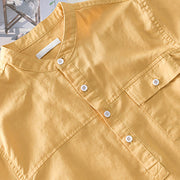 Buddha Stones Summer Daily Solid Color Stand Collar Short Sleeve Button Design Men's Cotton Linen Shirt With Pocket