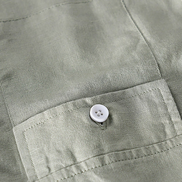 Buddha Stones Summer Daily Solid Color Stand Collar Short Sleeve Button Design Men's Cotton Linen Shirt With Pocket