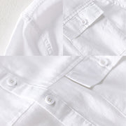 Buddha Stones Summer Daily Solid Color Stand Collar Short Sleeve Button Design Men's Cotton Linen Shirt With Pocket