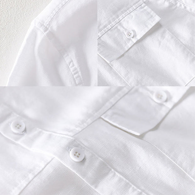 Buddha Stones Summer Daily Solid Color Stand Collar Short Sleeve Button Design Men's Cotton Linen Shirt With Pocket