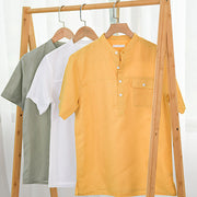 Buddha Stones Summer Daily Solid Color Stand Collar Short Sleeve Button Design Men's Cotton Linen Shirt With Pocket