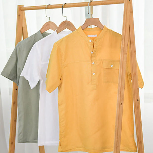 Buddha Stones Summer Daily Solid Color Stand Collar Short Sleeve Button Design Men's Cotton Linen Shirt With Pocket