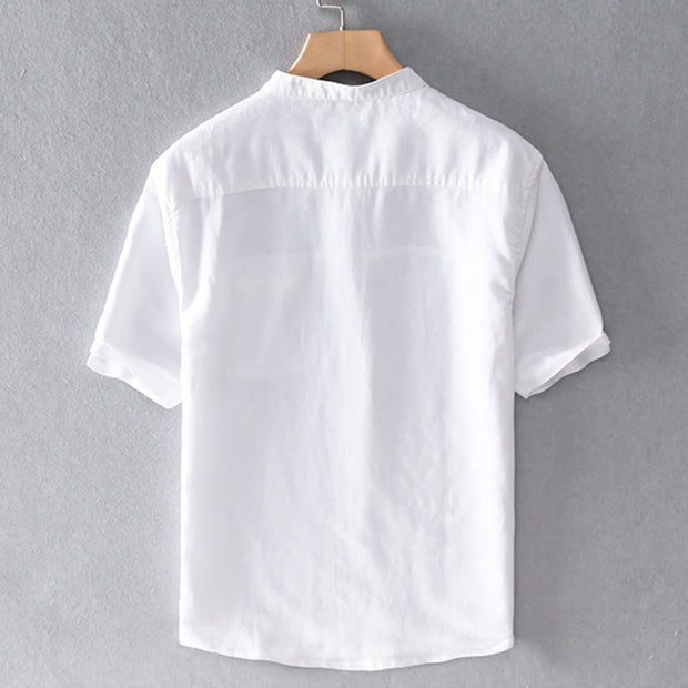Buddha Stones Summer Daily Solid Color Stand Collar Short Sleeve Button Design Men's Cotton Linen Shirt With Pocket