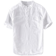 Buddha Stones Summer Daily Solid Color Stand Collar Short Sleeve Button Design Men's Cotton Linen Shirt With Pocket