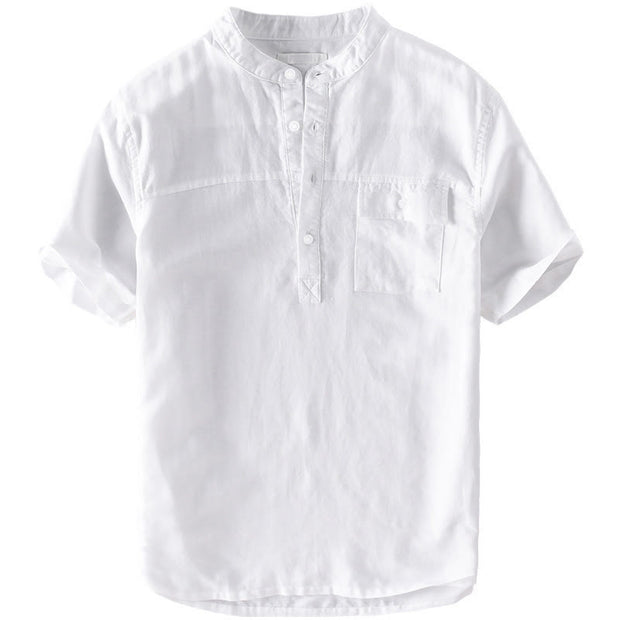 Buddha Stones Summer Daily Solid Color Stand Collar Short Sleeve Button Design Men's Cotton Linen Shirt With Pocket
